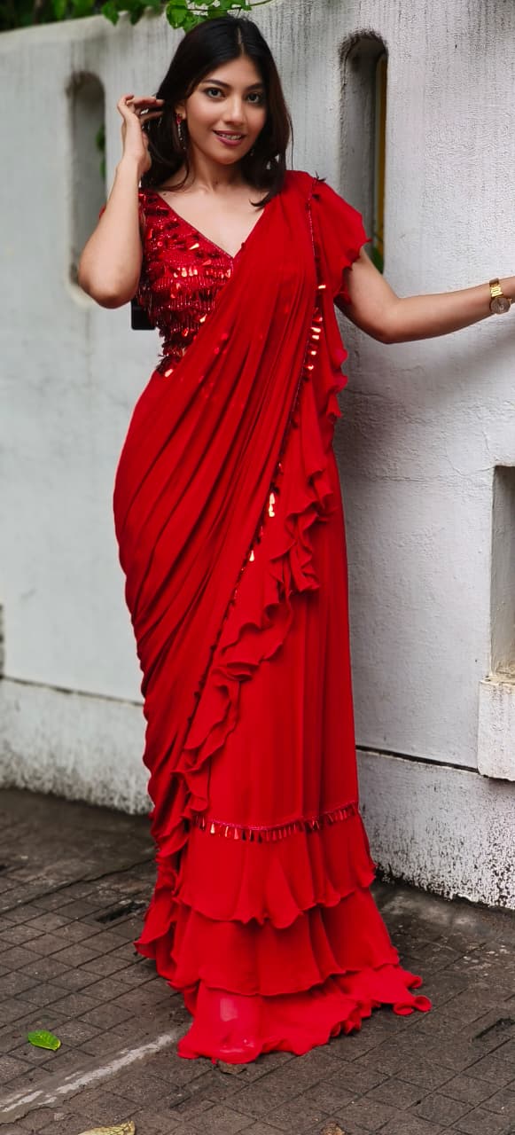 Hot Red Sequenced Handwork Crystal Hang Drape Ruffled Saree