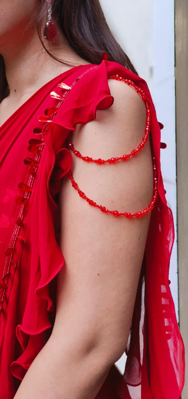 Hot Red Sequenced Handwork Crystal Hang Drape Ruffled Saree