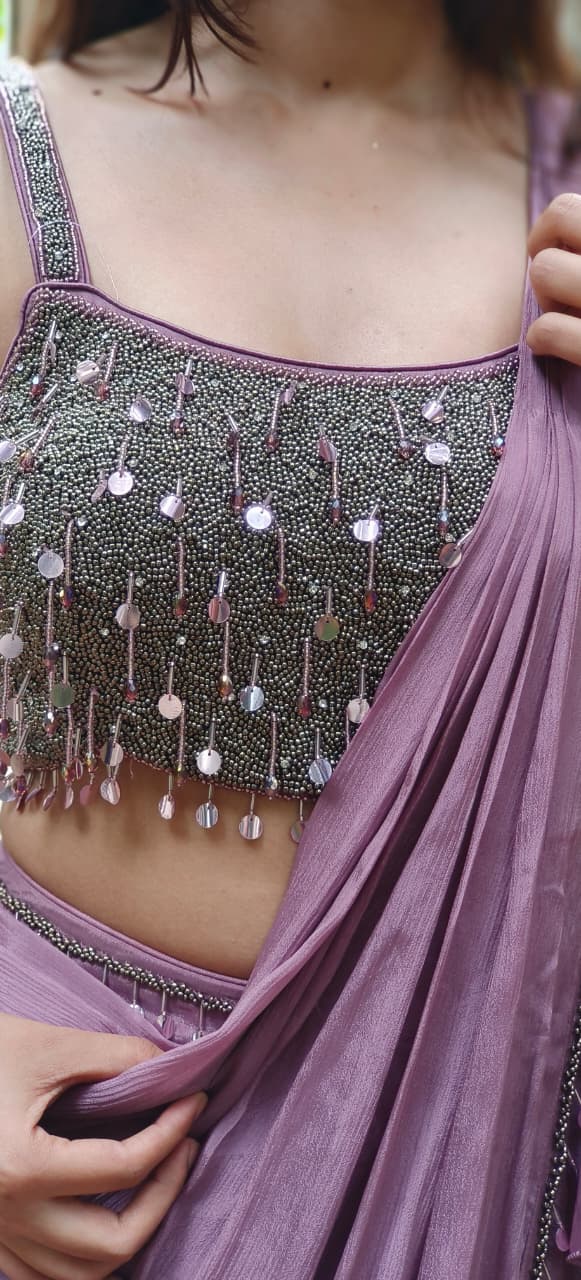Heavy Handwork Blouse With Foil Hang Fully Ruffled Drape Saree