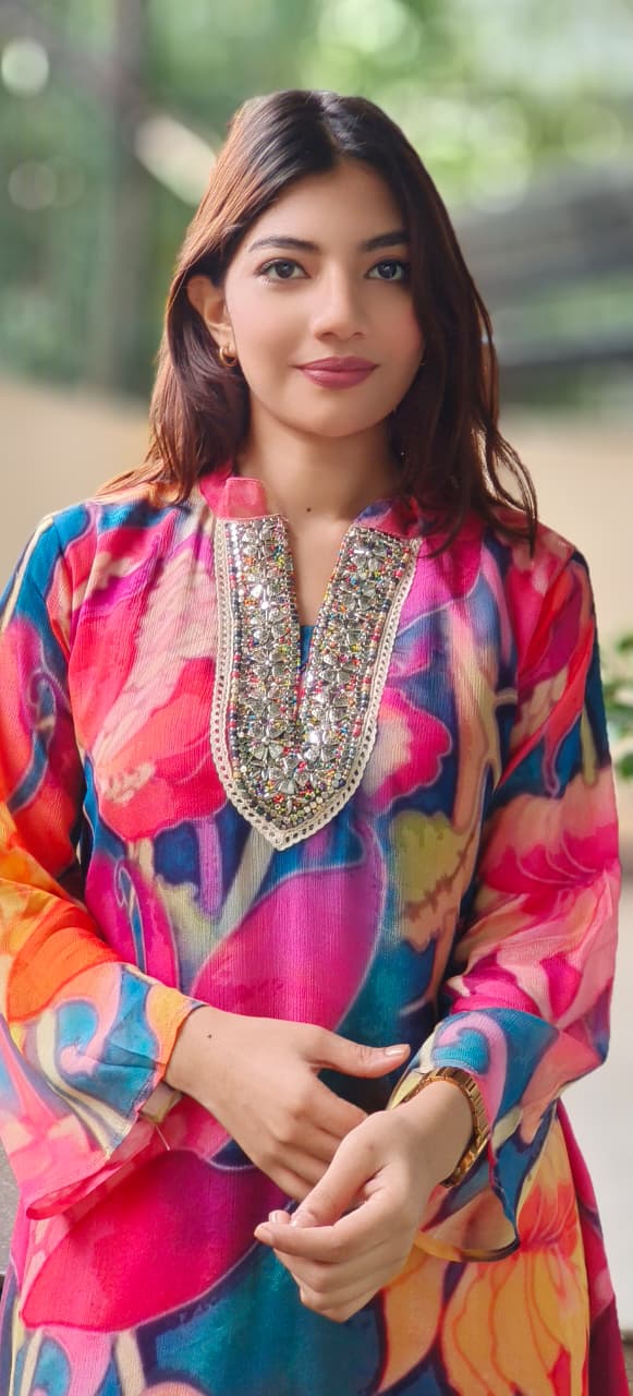 Multicolor Blast Neck Work Chinon Co-Ord Set-10710