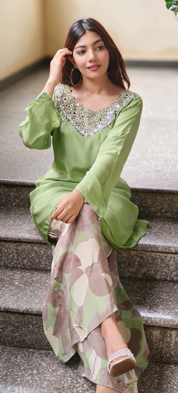 Heavy Handwork Crepe Kurta With Printed Palazzo Bottom
