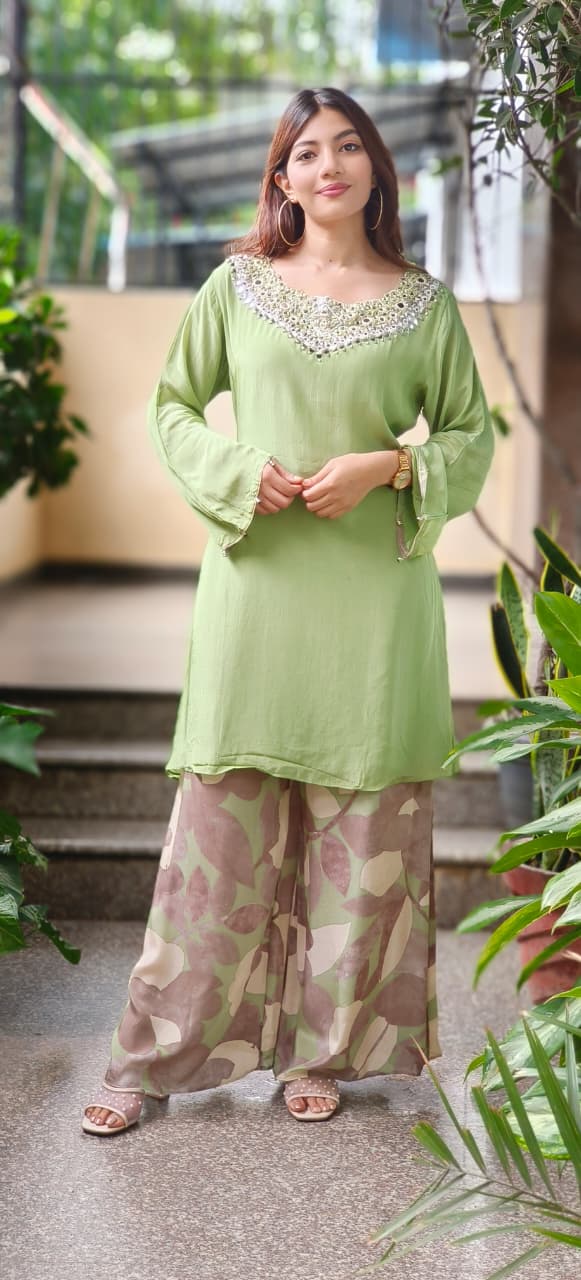 Heavy Handwork Crepe Kurta With Printed Palazzo Bottom