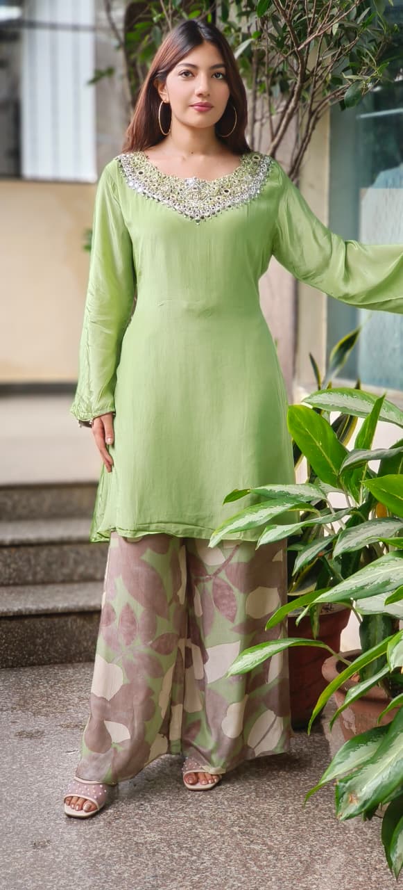 Heavy Handwork Crepe Kurta With Printed Palazzo Bottom