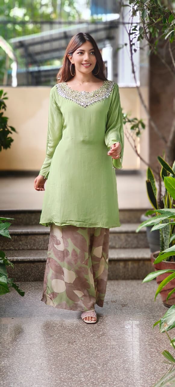 Heavy Handwork Crepe Kurta With Printed Palazzo Bottom