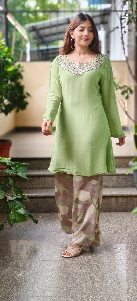 Heavy Handwork Crepe Kurta With Printed Palazzo Bottom