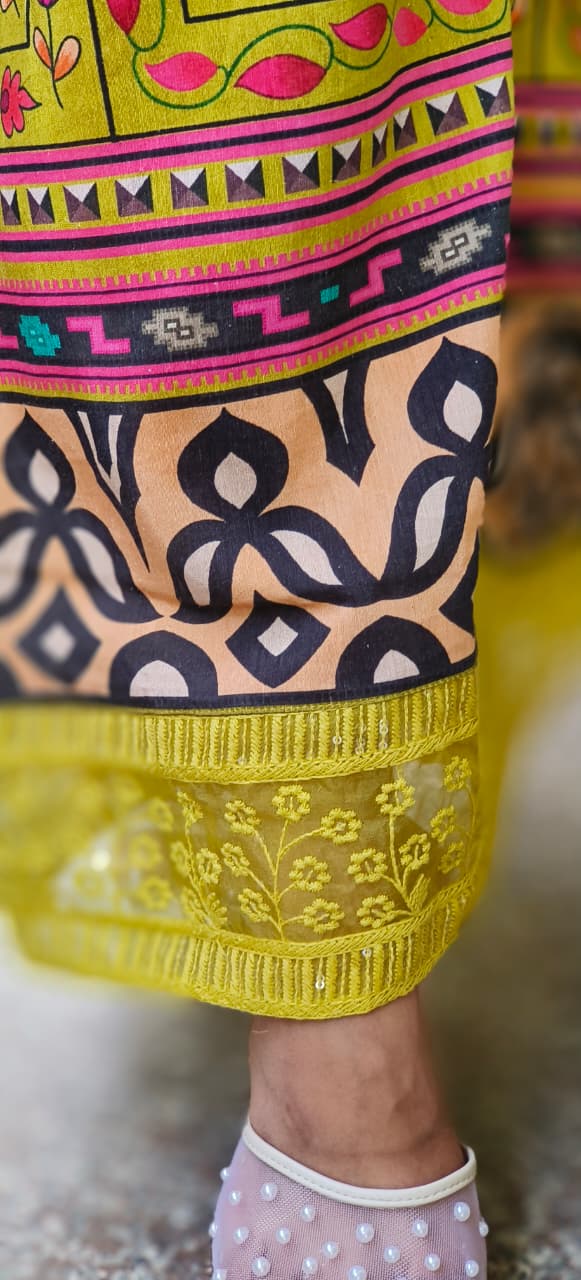 Linen Sequenced Floral Print With Crosia Lace Kurta Loose Pant In Linen Fabric-10719