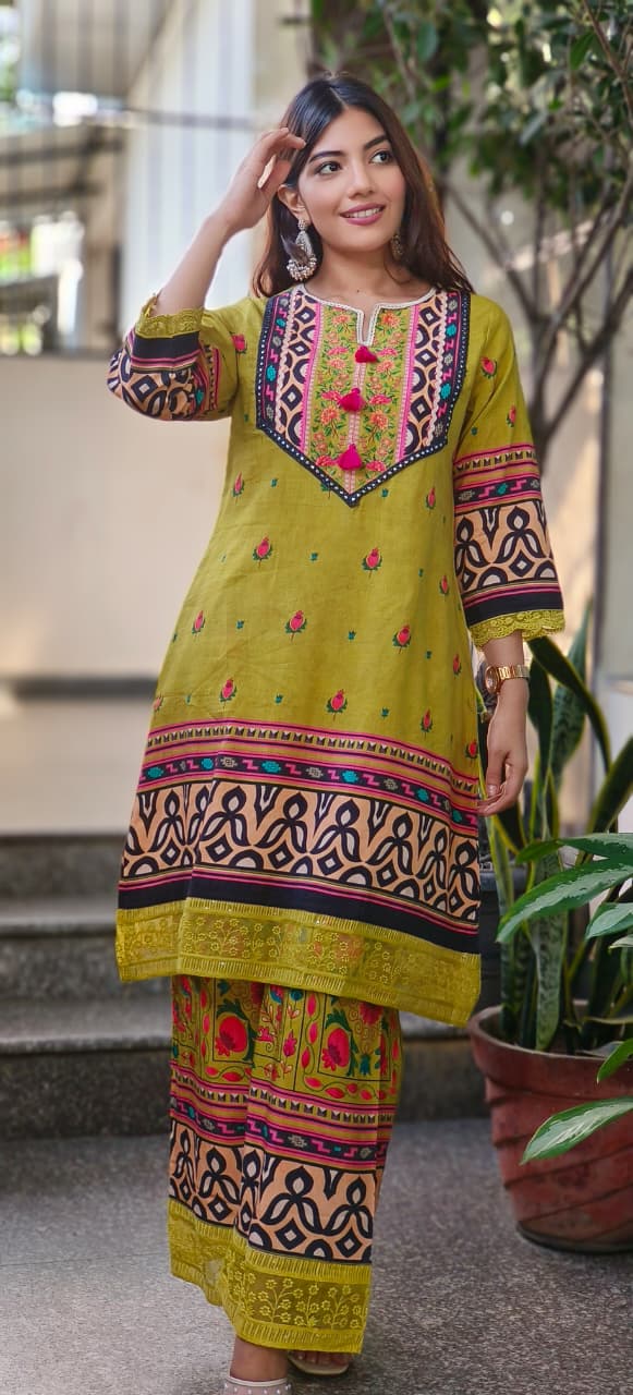 Linen Sequenced Floral Print With Crosia Lace Kurta Loose Pant In Linen Fabric-10719