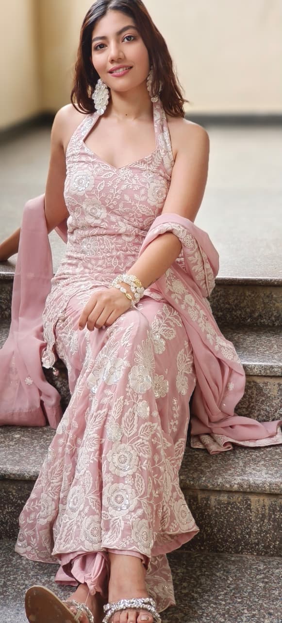 Rose Mist Luxe Embroidered Full Suit Set With Sleeveless Short Kurta & Tapered Palazzo(Dispatching After 25 Days On Orders)