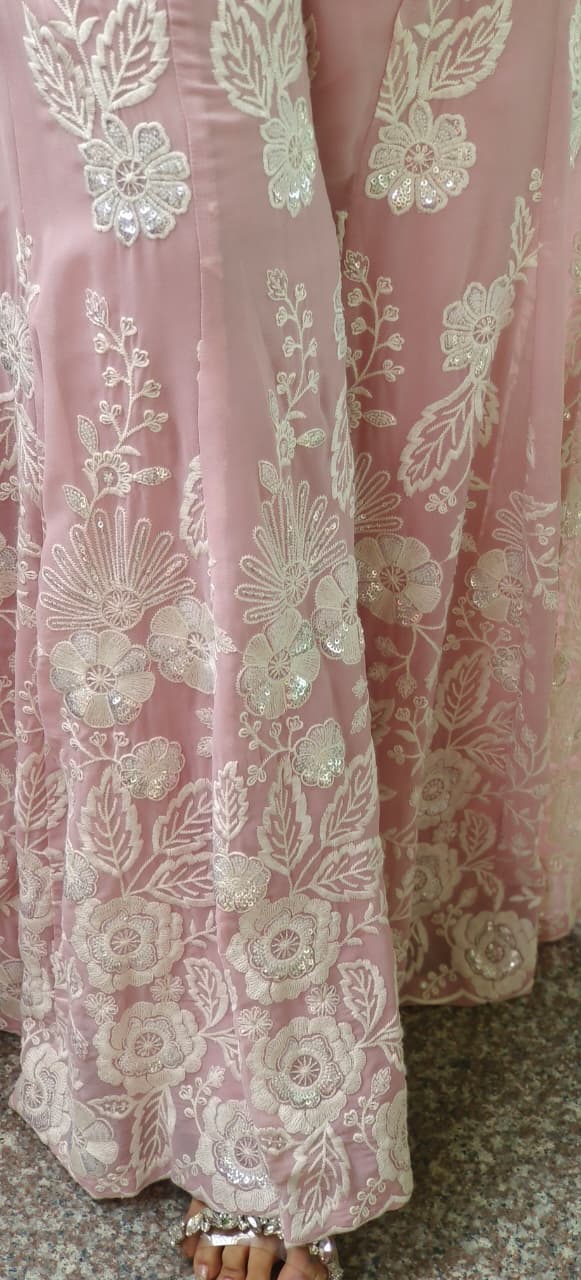 Rose Mist Luxe Embroidered Full Suit Set With Sleeveless Short Kurta & Tapered Palazzo(Dispatching After 25 Days On Orders)