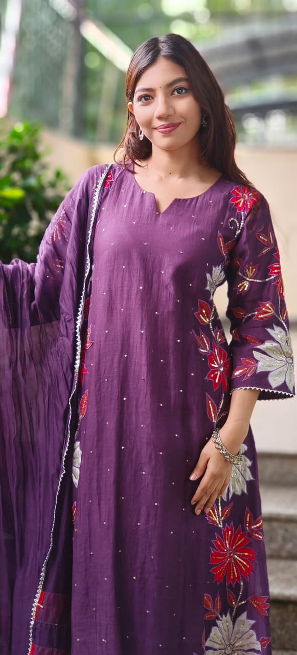 Applique Work Side Floral Embroidery Designed A-Line Mul Chanderi Full Suit Set With Dupatta