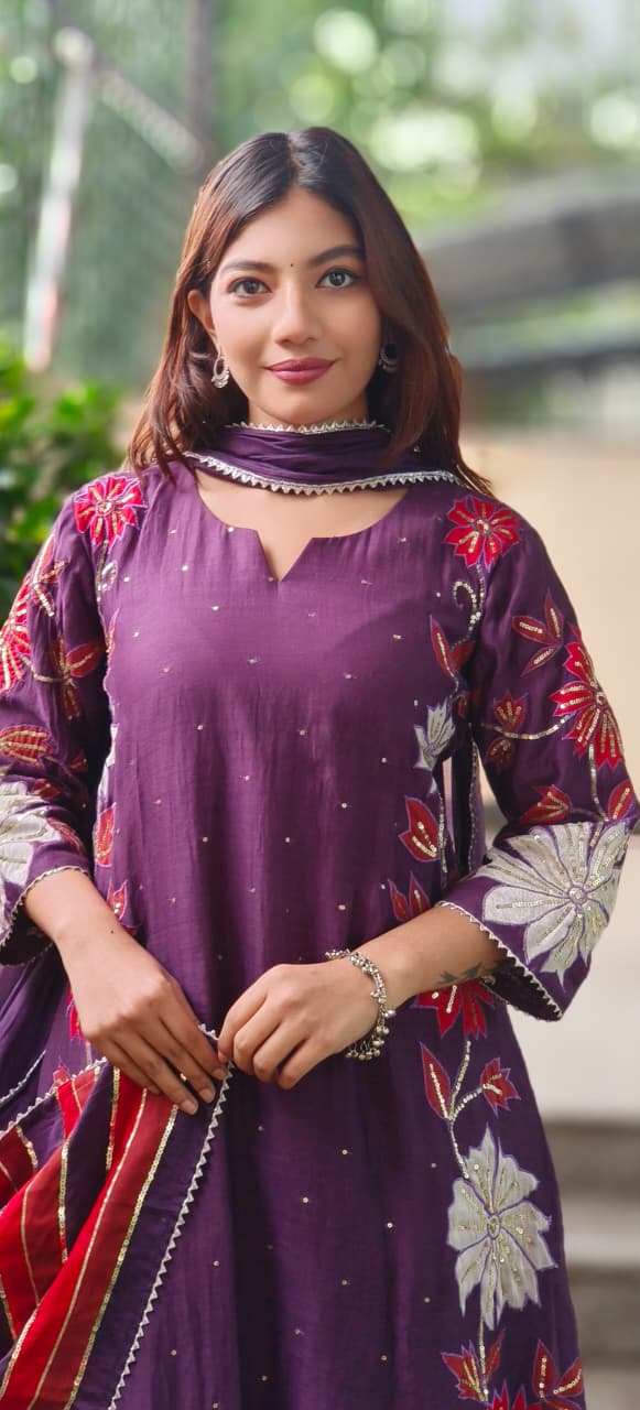Applique Work Side Floral Embroidery Designed A-Line Mul Chanderi Full Suit Set With Dupatta