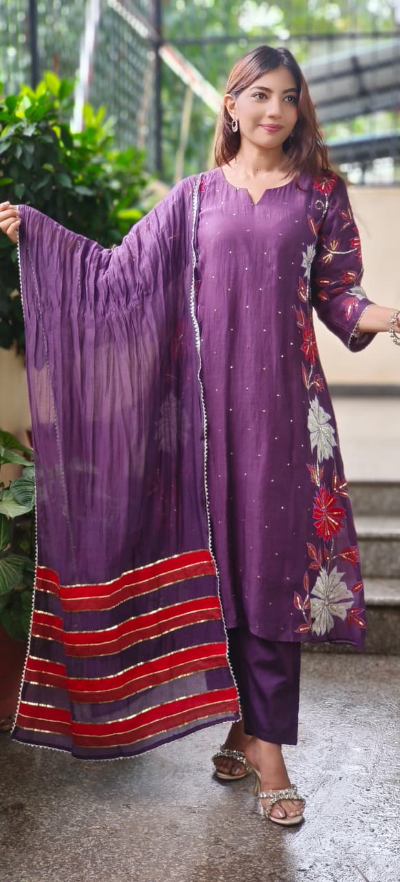 Applique Work Side Floral Embroidery Designed A-Line Mul Chanderi Full Suit Set With Dupatta