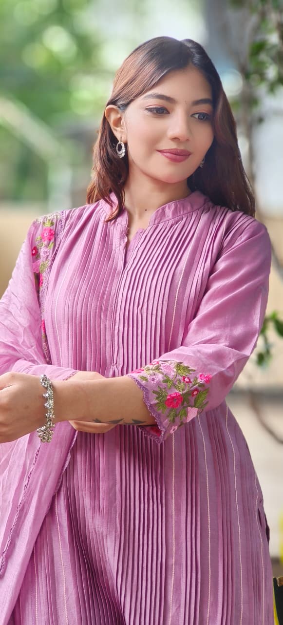 Petal Embroidered Lined Mandarin Collar Straight Full Suit Set With Dupatta In Pure Chanderi Fabric 107610 10762