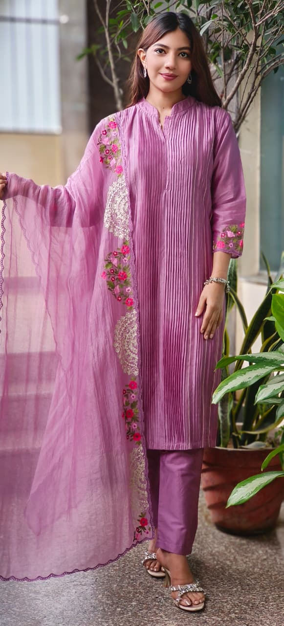 Petal Embroidered Lined Mandarin Collar Straight Full Suit Set With Dupatta In Pure Chanderi Fabric 107610 10762