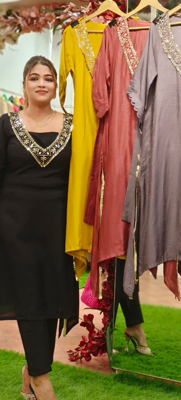 Mirror Elegance Beautiful V-Neck High Low Kurta Pant Set With Buster In Dola Silk Fabric- 10818,19,20,21