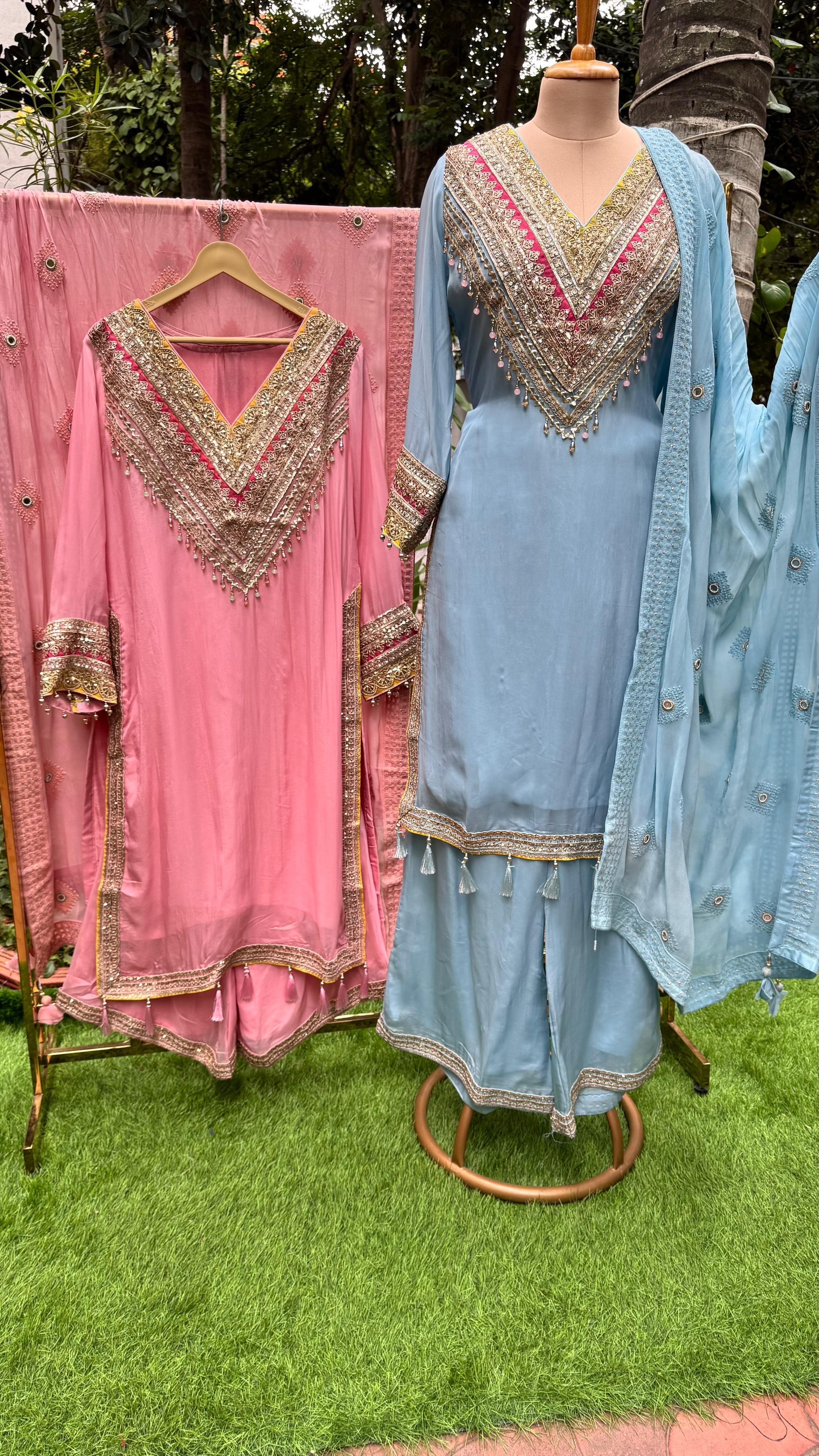 Sunehri Gul Heavily Embroidered Beautiful Yoke Full Suit Set With Dupatta & Loose Palazzo Bottom In Soft Tissue Fabric