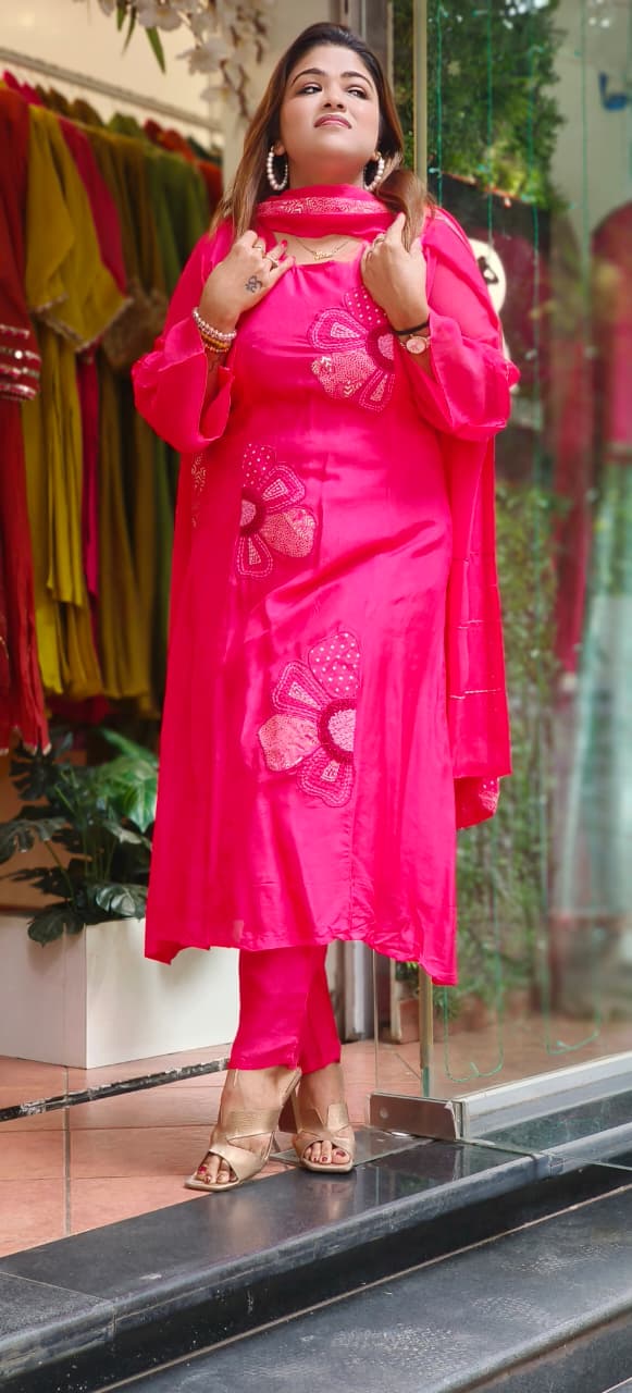 Floral Charm Minimal Suttle Work A-Line Full Suit Set With Dupatta In Dola Silk Fabric-10843,10842