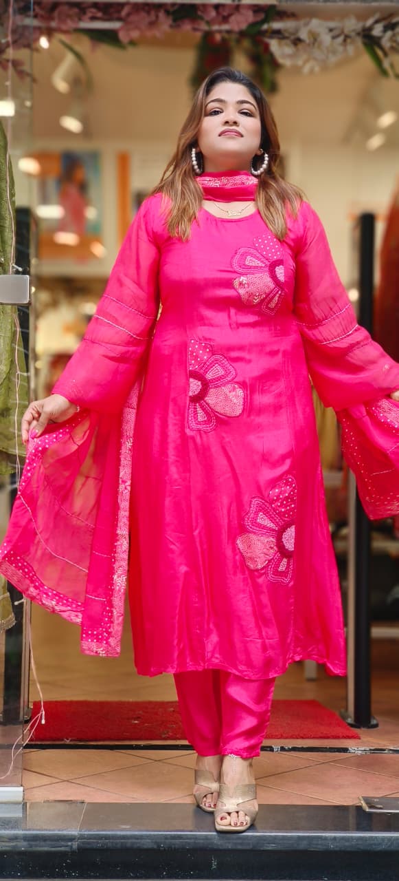 Floral Charm Minimal Suttle Work A-Line Full Suit Set With Dupatta In Dola Silk Fabric-10843,10842