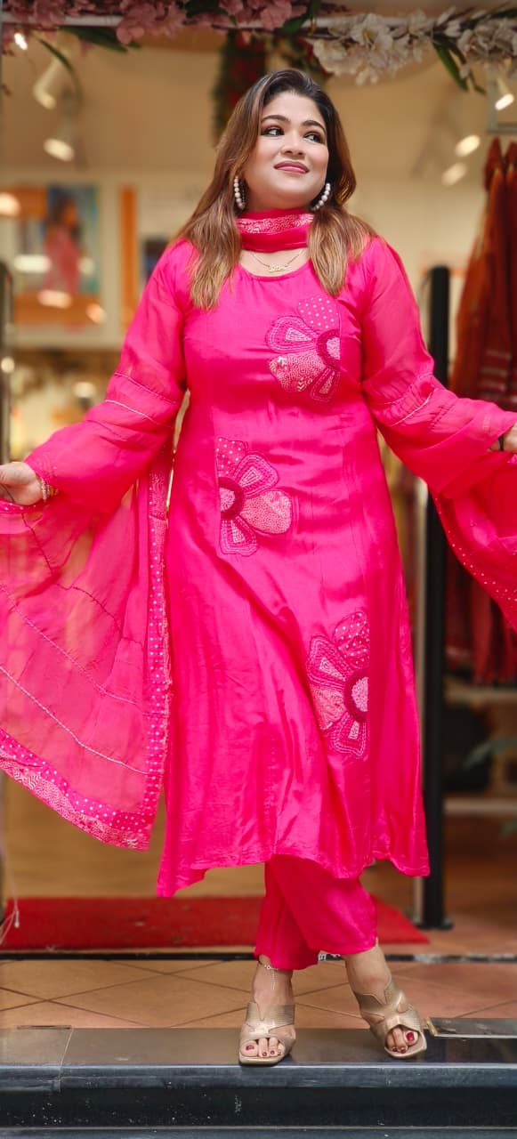 Floral Charm Minimal Suttle Work A-Line Full Suit Set With Dupatta In Dola Silk Fabric-10843,10842