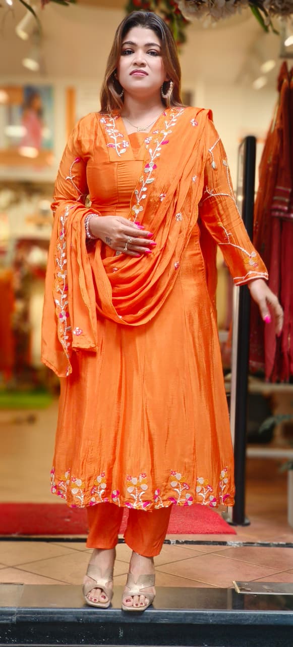 Minimal Handwork Sober Look Solid A-Line Full Suit Set With Dupatta In Chinon Fabric(Lean Fit)-10844