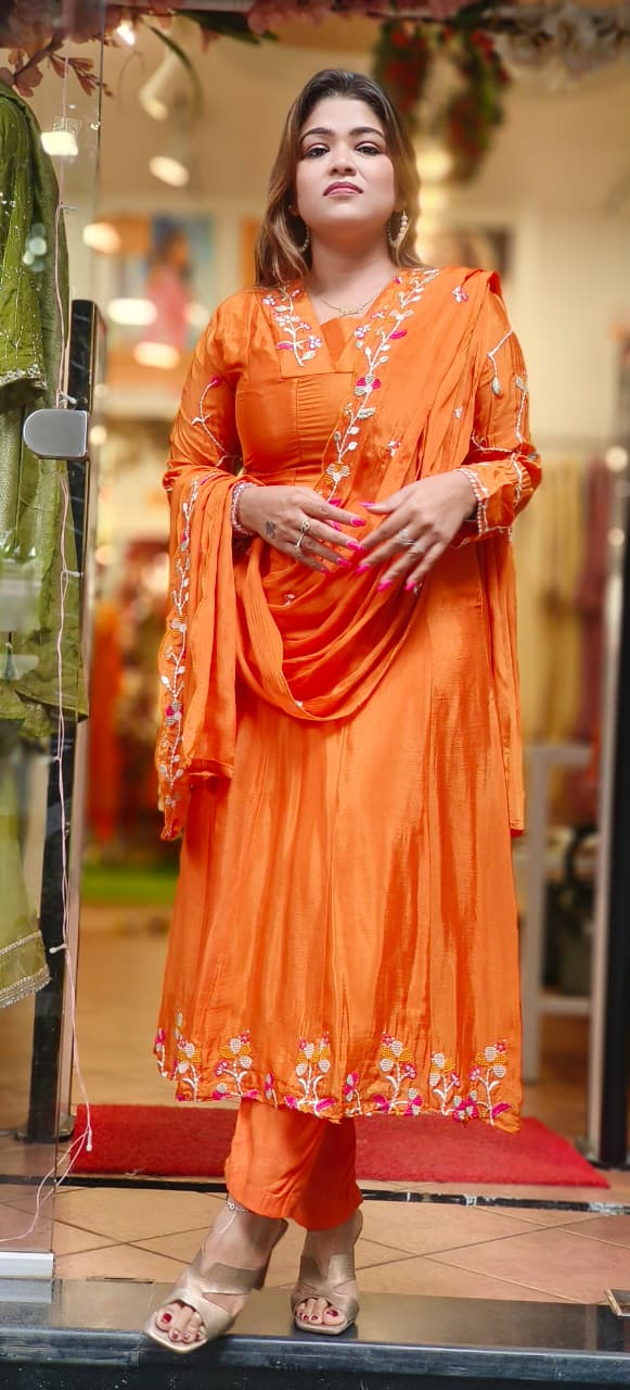 Minimal Handwork Sober Look Solid A-Line Full Suit Set With Dupatta In Chinon Fabric(Lean Fit)-10844