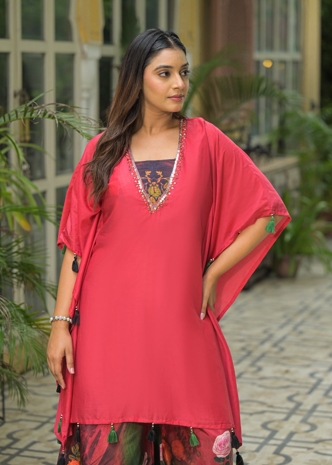 Indo-Western Look Tassel Hang V-Neck Solid Outer With Buster & Floral Printed Pants- 10965