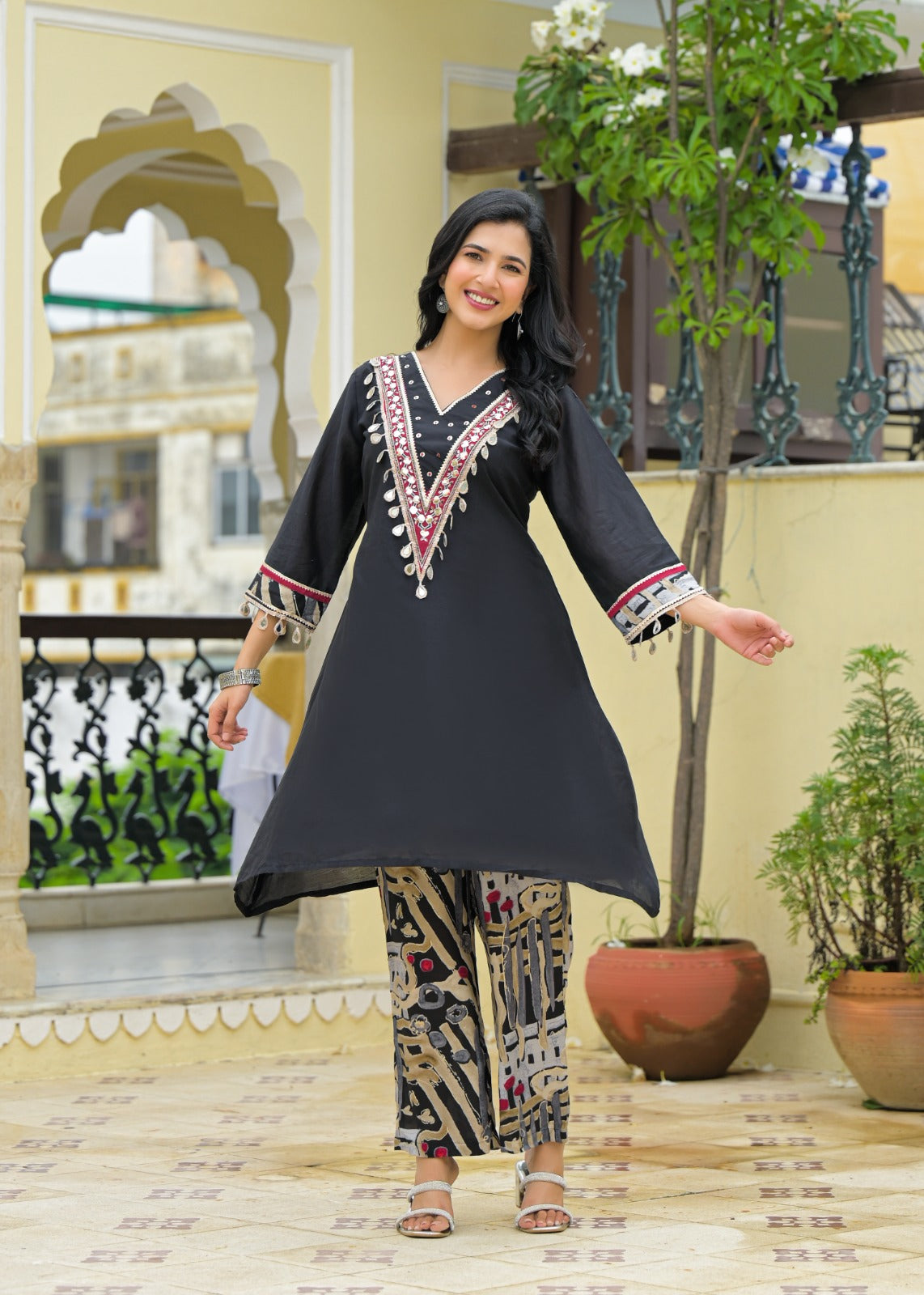 Boho V-Neck A-Line Kurta With Printed Pant- 10968