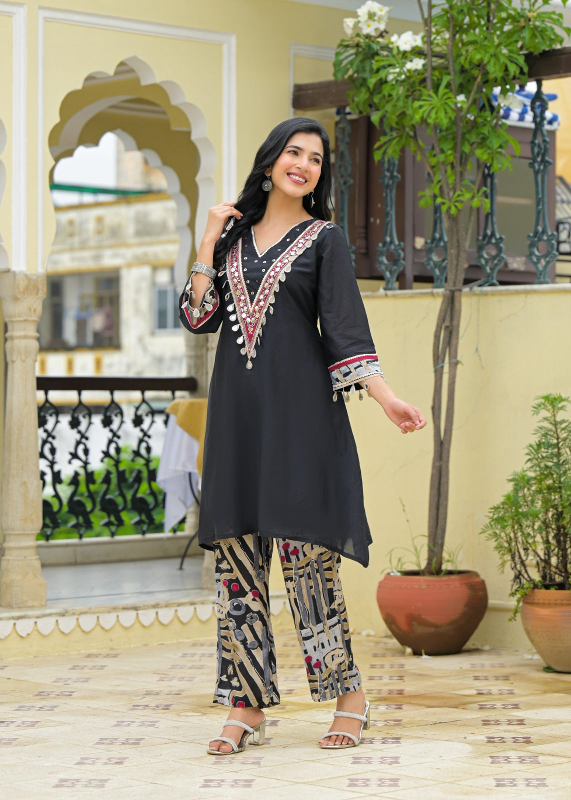 Boho V-Neck A-Line Kurta With Printed Pant- 10968
