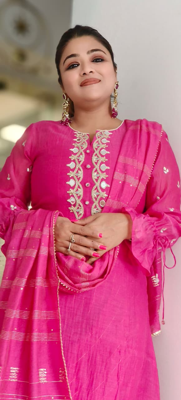 Pink Noor Real Mirror & Gotta Patti Work Short Kurta With Flared Harem Pant & Dupatta In Mul Chanderi Fabric- 11031