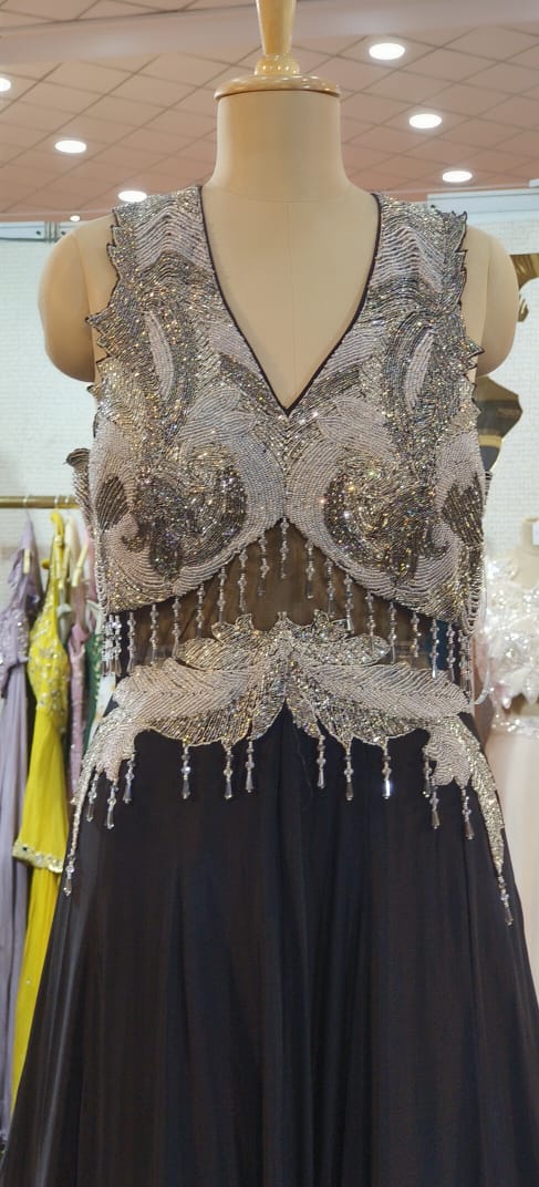 Tiny Shimmery Cut Dana Beads Embelished Work Golden Spiral Bottom Netted A-Line Flared Sleeveless Gown