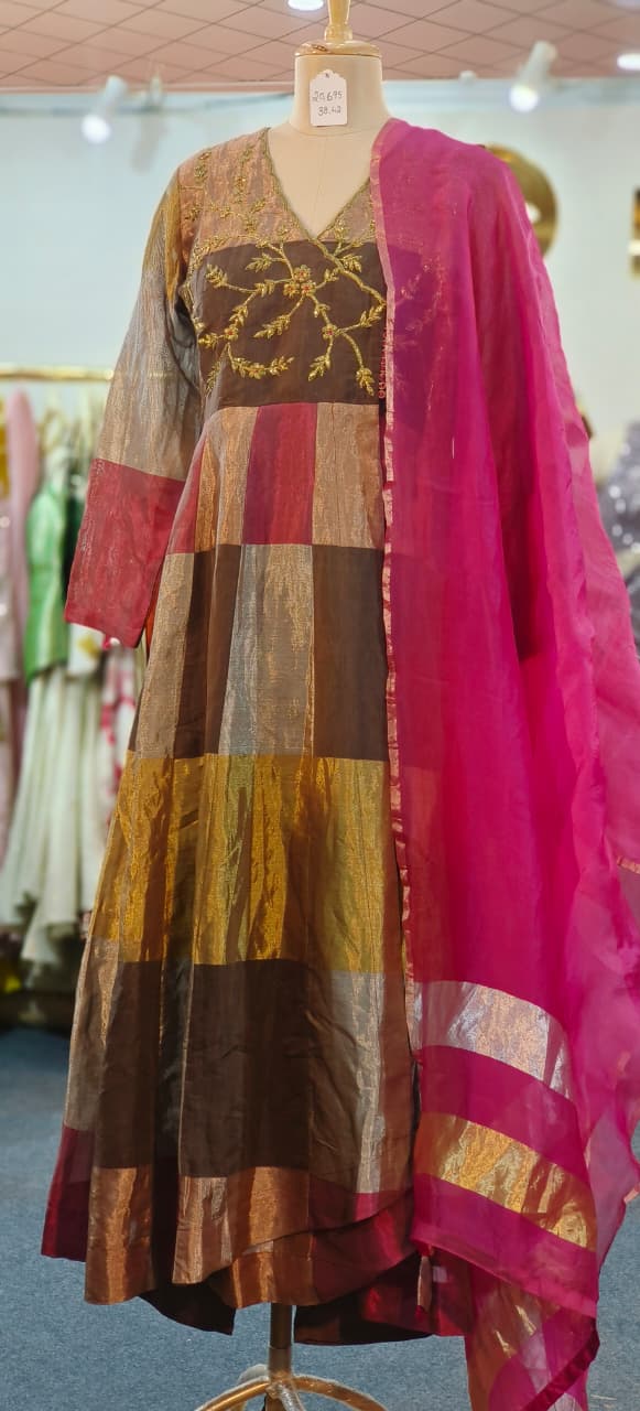 Pure Tissue Checks Designer Multicolored Angrakha Style Anarkali Full Suit Set With Dupatta In Tissue Fabric- 11085 Only on Orders Dispatching After 30 Days
