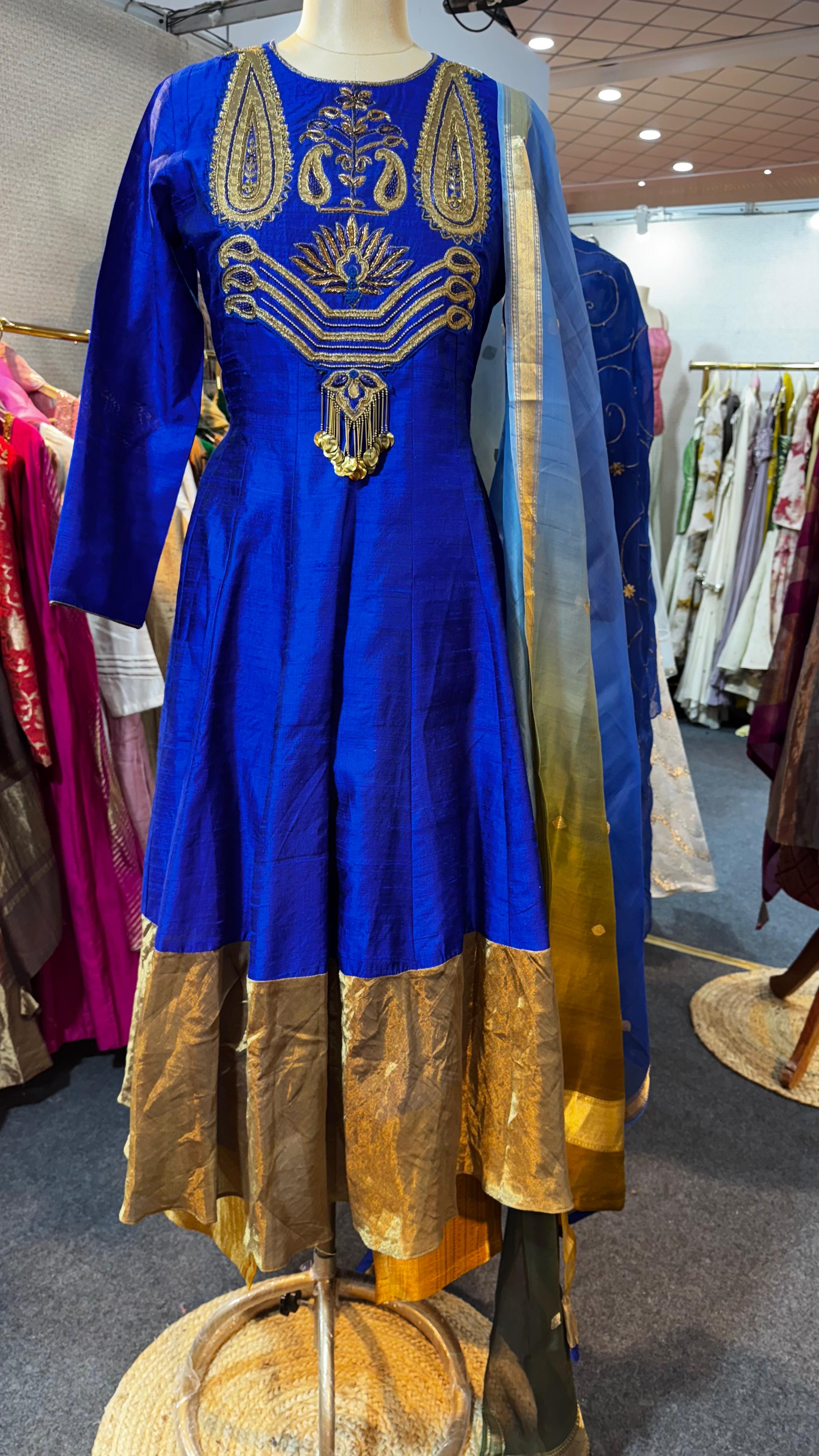 Royal Blue Aura Zari Embellished Anarkali Full Suit Set With Dupatta In Silk Fabric & Slight Banarasi Touch- 11085