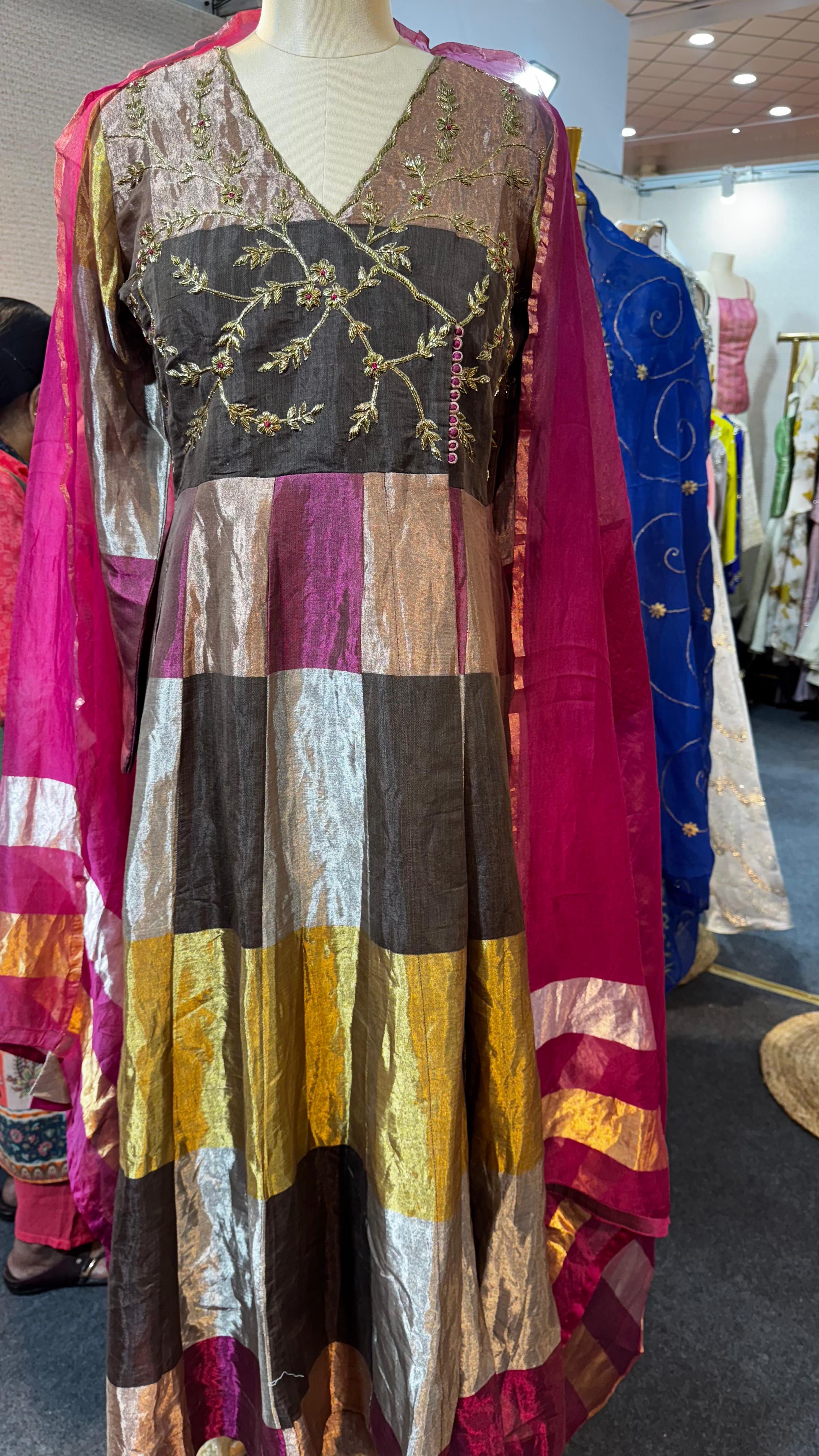 Pure Tissue Checks Designer Multicolored Angrakha Style Anarkali Full Suit Set With Dupatta In Tissue Fabric- 11085 Only on Orders Dispatching After 30 Days