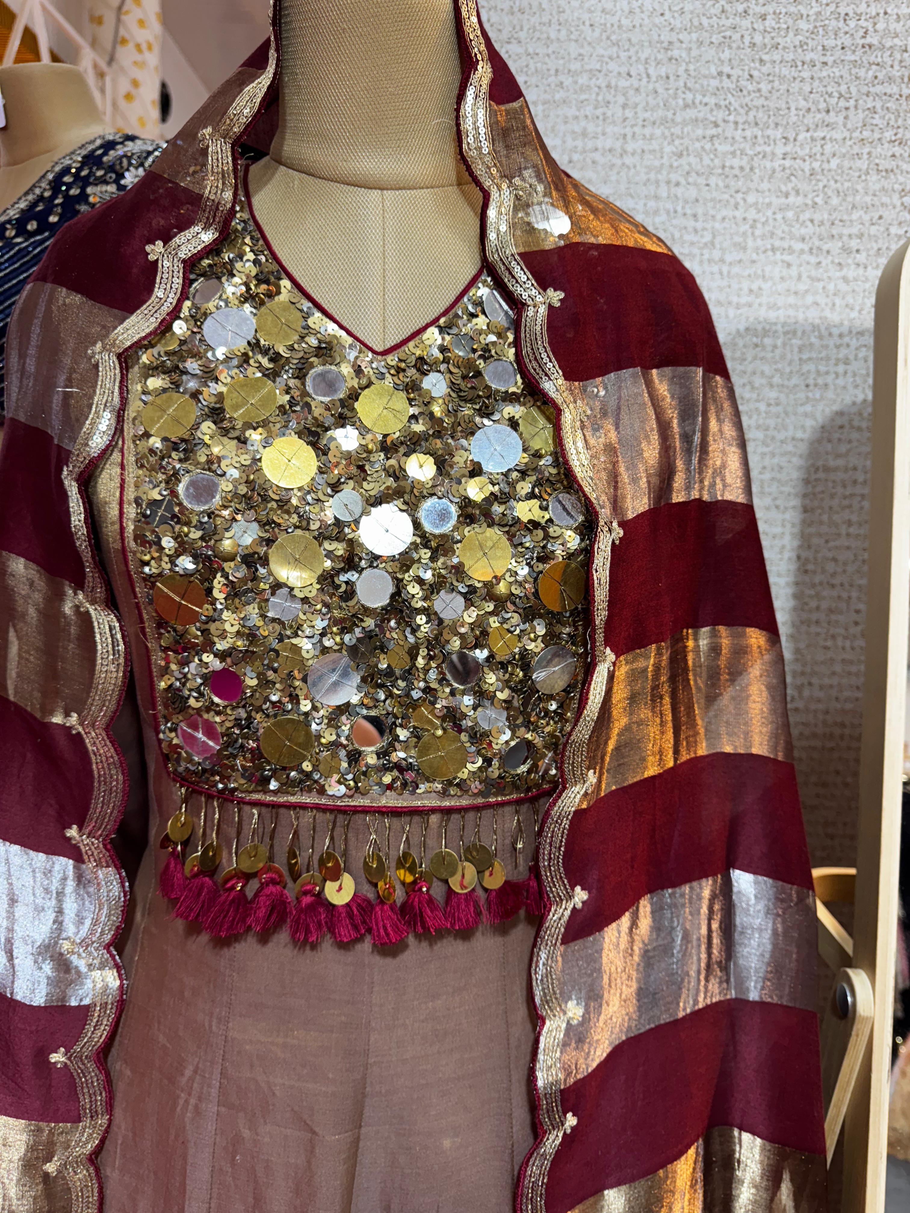 Shimmering Grace Real Mirror Handwork Tassel Pure Tissue Anarkali Full Suit Set With Striped Dupatta-