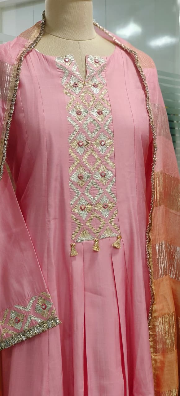 Block Emroidered Minimal Work Panel Anarkali Full Suit Set With Shimmer Touch Dupatta