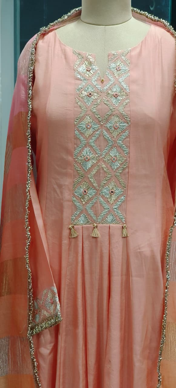Block Emroidered Minimal Work Panel Anarkali Full Suit Set With Shimmer Touch Dupatta