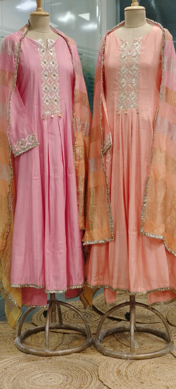 Block Emroidered Minimal Work Panel Anarkali Full Suit Set With Shimmer Touch Dupatta