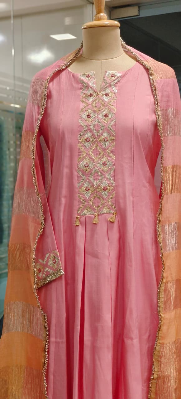 Block Emroidered Minimal Work Panel Anarkali Full Suit Set With Shimmer Touch Dupatta