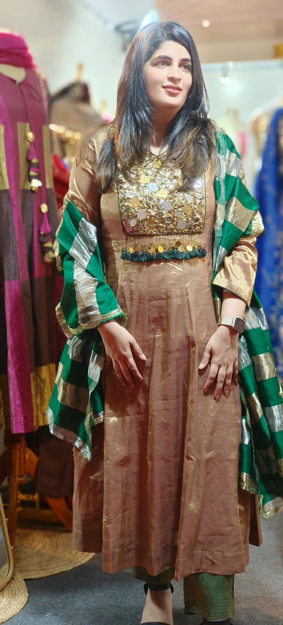 Shimmering Grace Real Mirror Handwork Tassel Pure Tissue Anarkali Full Suit Set With Striped Dupatta-