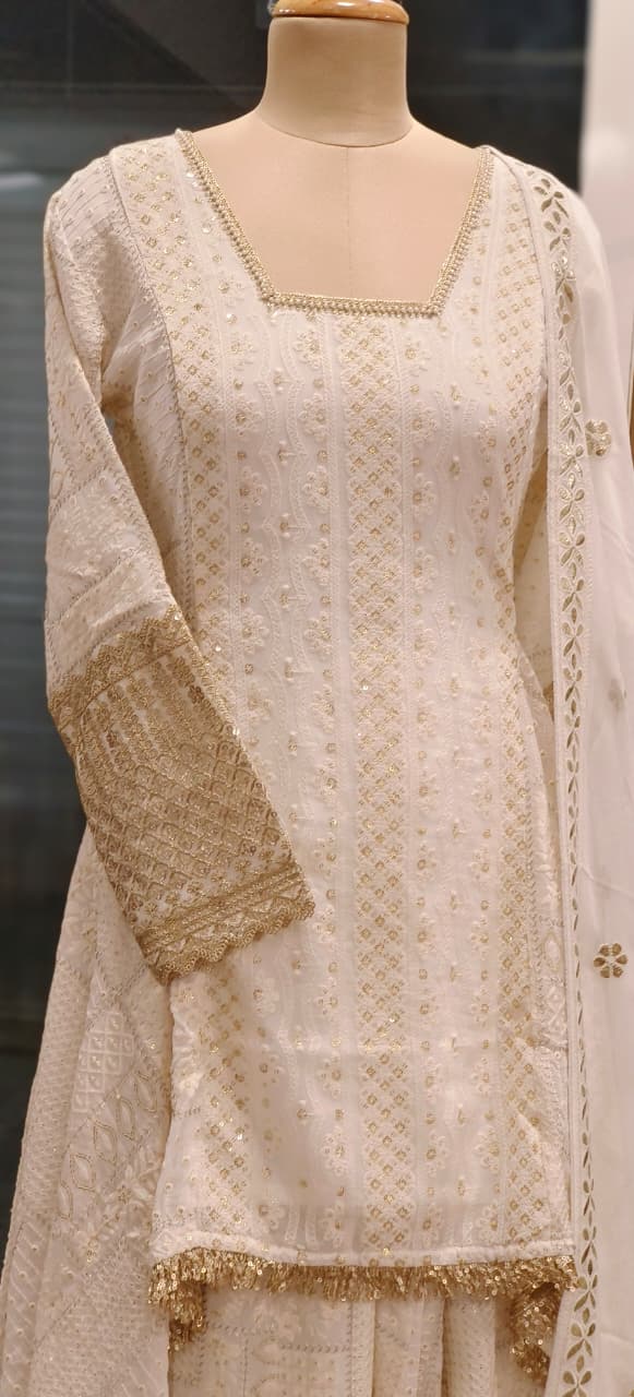 Pure Chikankari White In Golden Touch High Low Kurta With Loose Palazzo Bottom & Dupatta In Pure Georgette Fabric 011106 (Dispatching After 30 Days On Order)