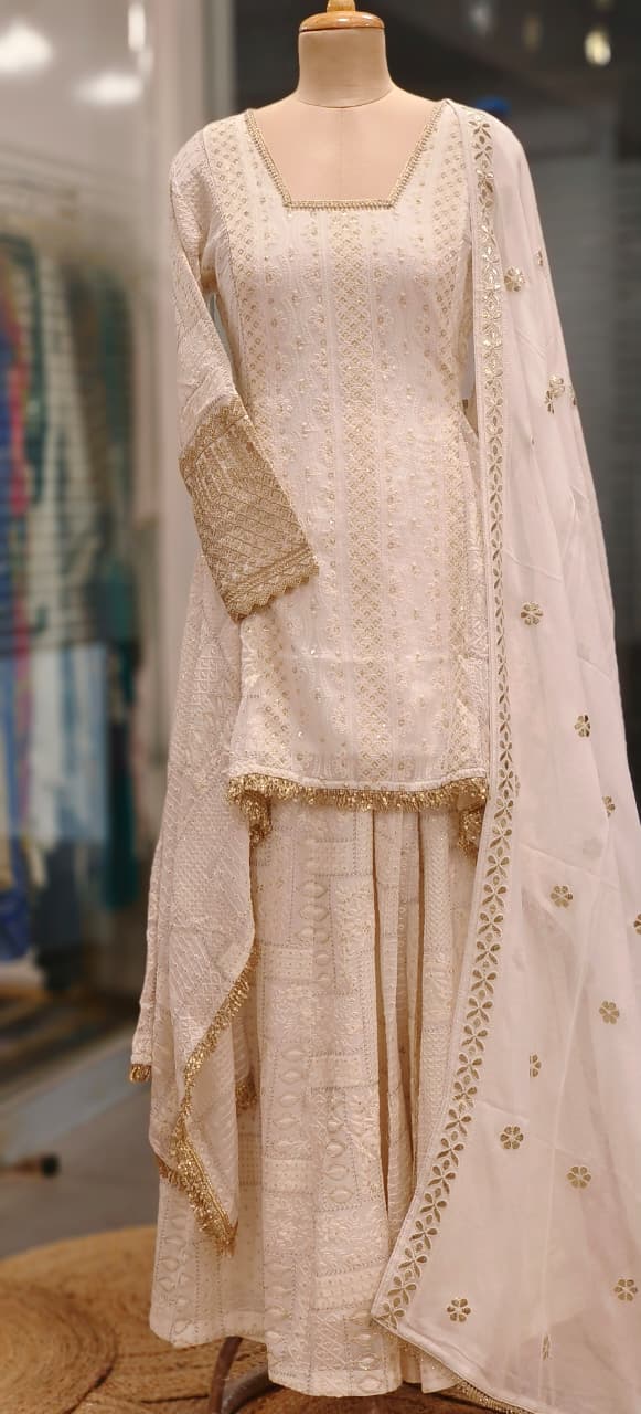 Pure Chikankari White In Golden Touch High Low Kurta With Loose Palazzo Bottom & Dupatta In Pure Georgette Fabric 011106 (Dispatching After 30 Days On Order)