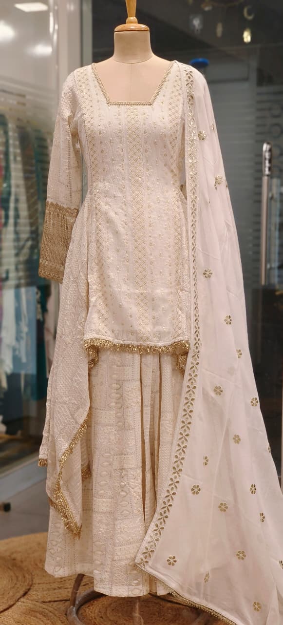 Pure Chikankari White In Golden Touch High Low Kurta With Loose Palazzo Bottom & Dupatta In Pure Georgette Fabric 011106 (Dispatching After 30 Days On Order)