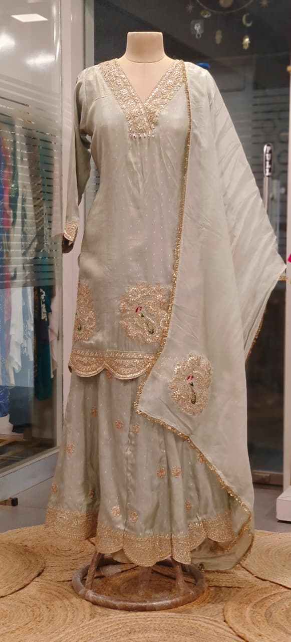Pastel Elegance Banarasi Golden Touch Zardosi Full Suit Set With Panel Palazzo & Dupatta- 11037, 11038