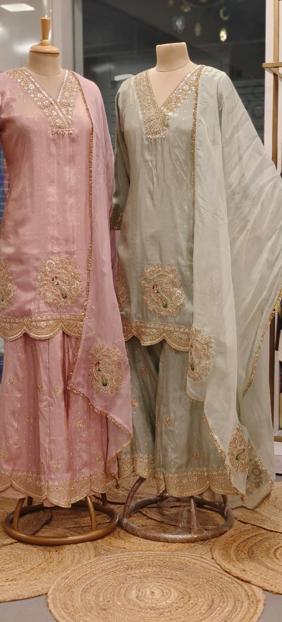 Pastel Elegance Banarasi Golden Touch Zardosi Full Suit Set With Panel Palazzo & Dupatta- 11037, 11038