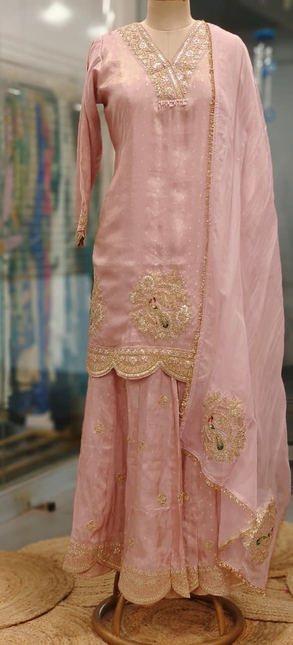 Pastel Elegance Banarasi Golden Touch Zardosi Full Suit Set With Panel Palazzo & Dupatta- 11037, 11038