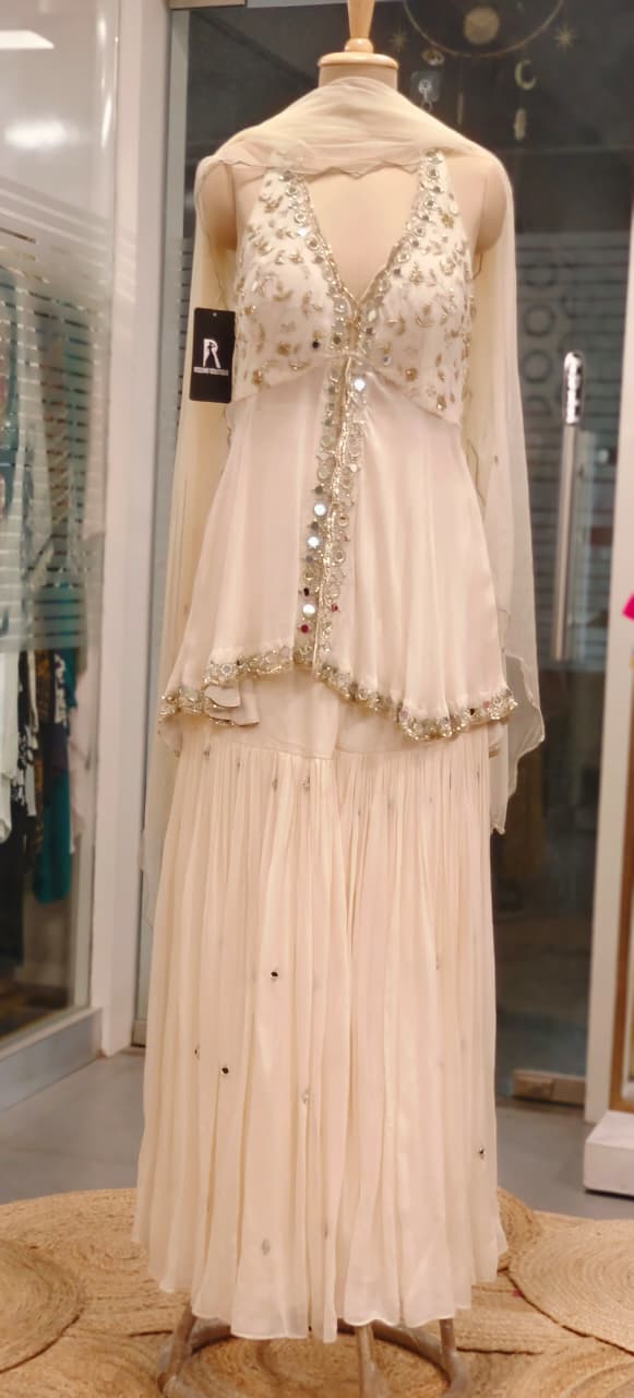 Graceful Real Mirror Sleeveless Front Slitted Short Kurta With Sharara Bottom & Dupatta In Georgette Fabric (Dispatching After 30 Days On Orders)