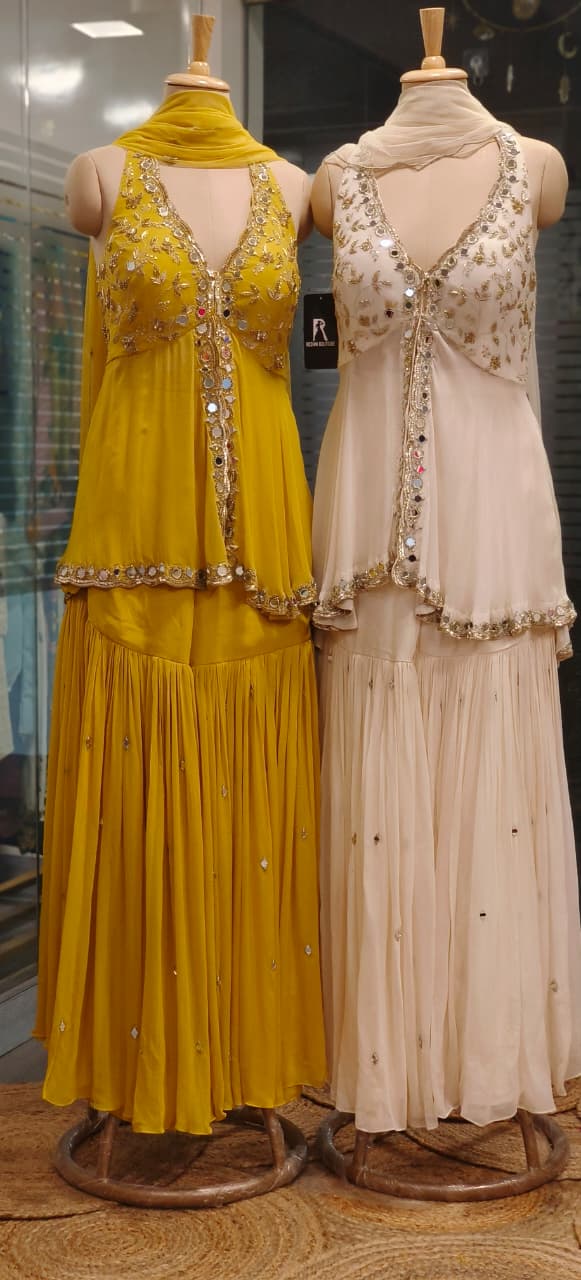 Graceful Real Mirror Sleeveless Front Slitted Short Kurta With Sharara Bottom & Dupatta In Georgette Fabric (Dispatching After 30 Days On Orders)