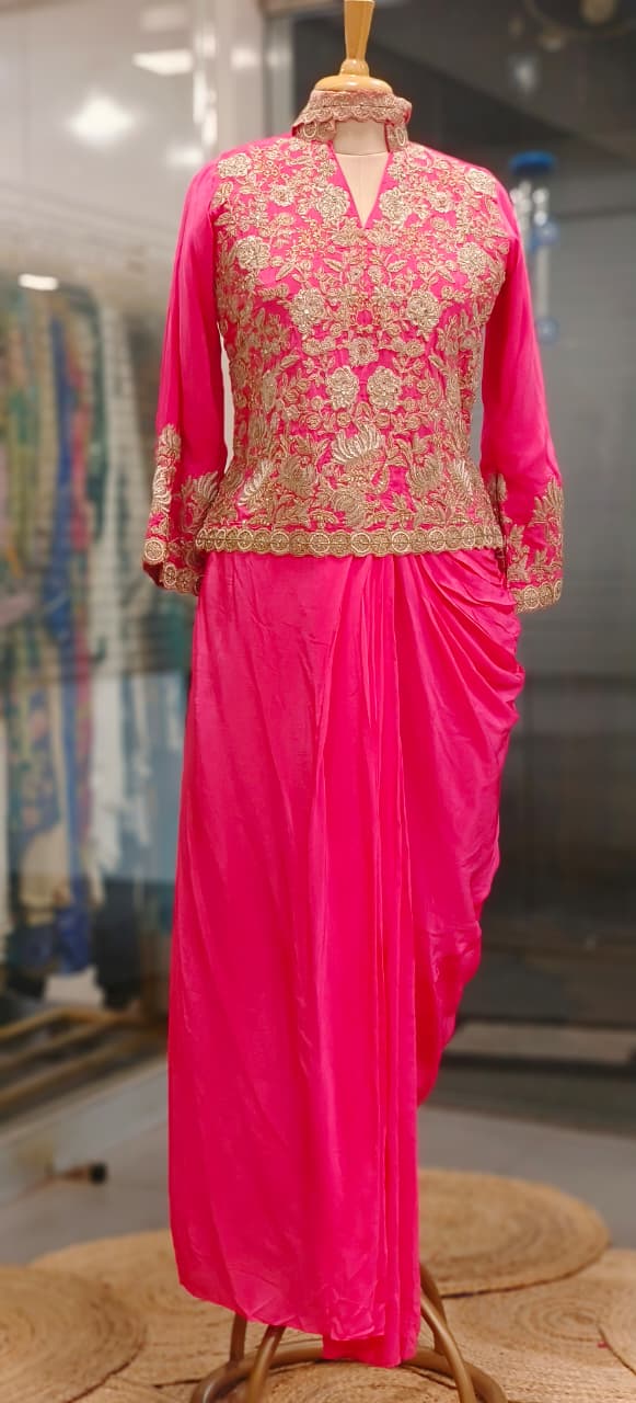 Bright Royal Aura Embroidery Embellished Indo-Western Wear With Dhoti Skirt & Potli In Crepe Fabric