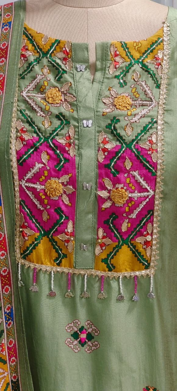 Multicolored Unique Tassel Yoke Full Suit Set With Dupatta In Russian Silk Fabric- 11187