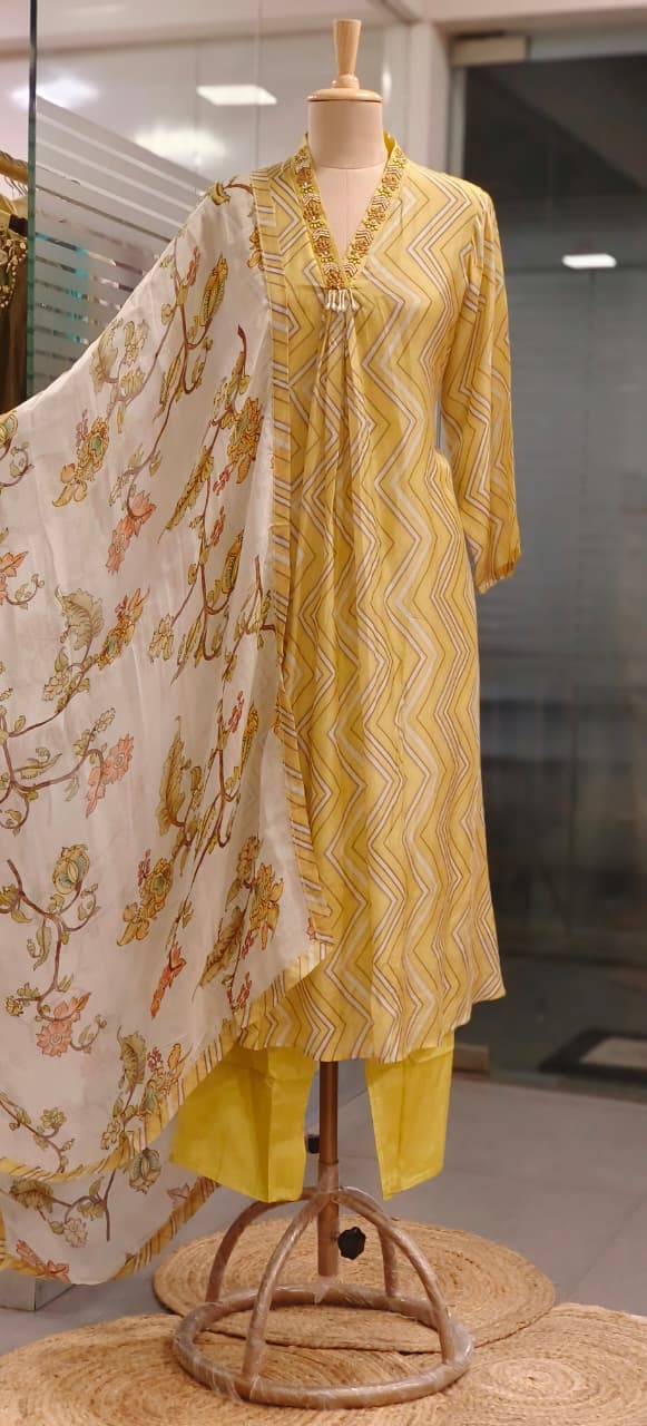 Zig-Zag Striped Tassel Cut-Dana Neck Work A-Line Full Suit Set With Dupatta In Muslin Fabric- 11185